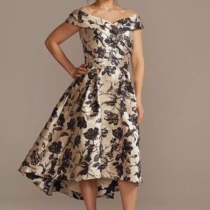 Oleg Cassini Brocade Gold Metallic Off Shoulder Dress Formal Gold/Blue Size 8